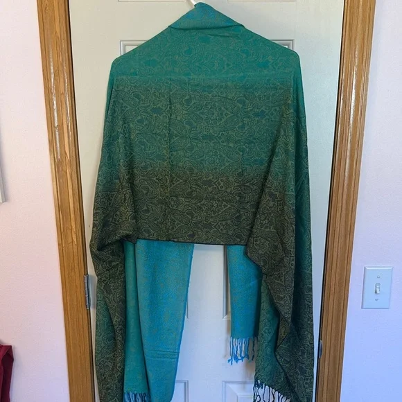Green, Blue and Gold Paisley Wrap with Fringe - Picture 2 of 5